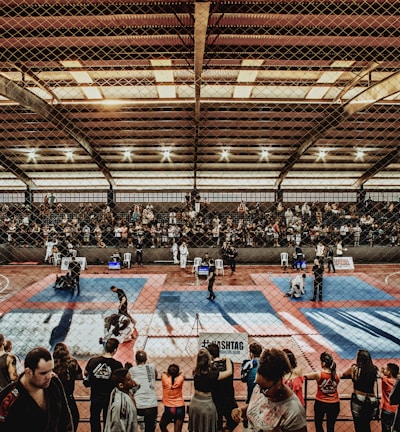 A large indoor arena with a high ceiling, filled with an audience seated on bleachers. In the center, two fighters are engaged in a martial arts competition on blue and red mats. The scene is captured through a mesh fence, adding a textured foreground.